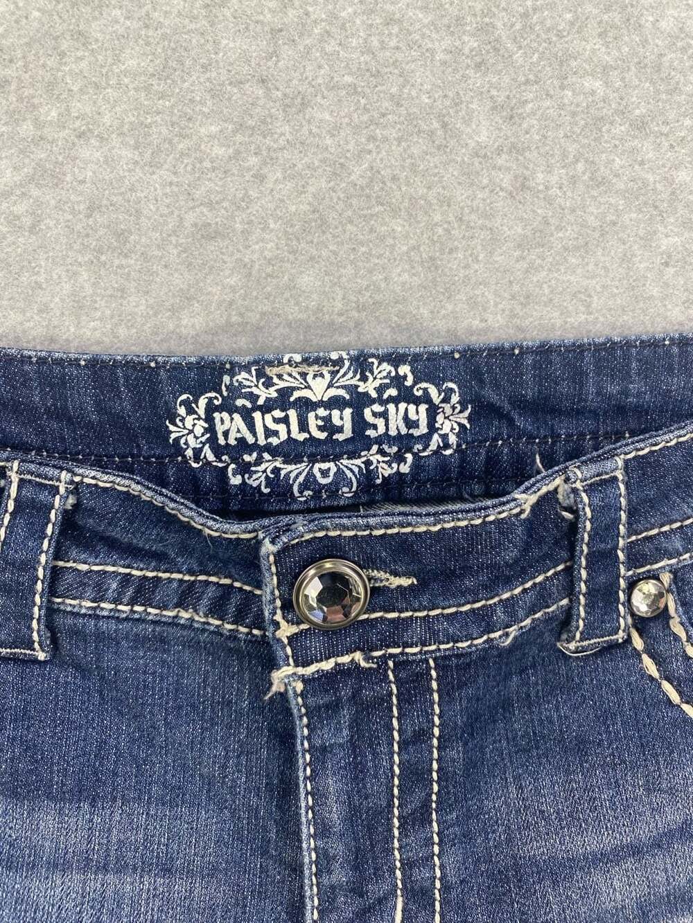 Paisley Sky Denim Shorts with American Flag Patch and Rhinestone Embellishments - Picture 3 of 9